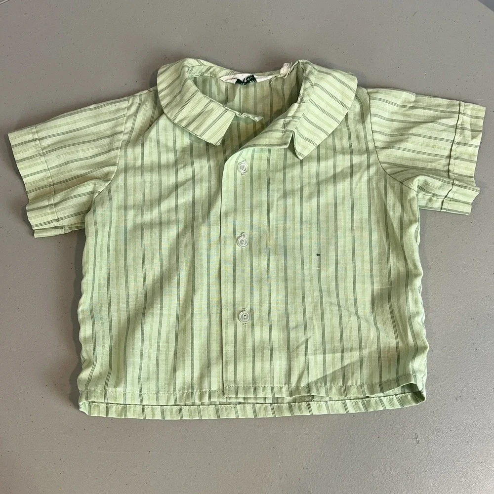 Vtg Baby Toddler Boys 2 Pc Outfit Master Mort of Miami Green Overalls Shirt